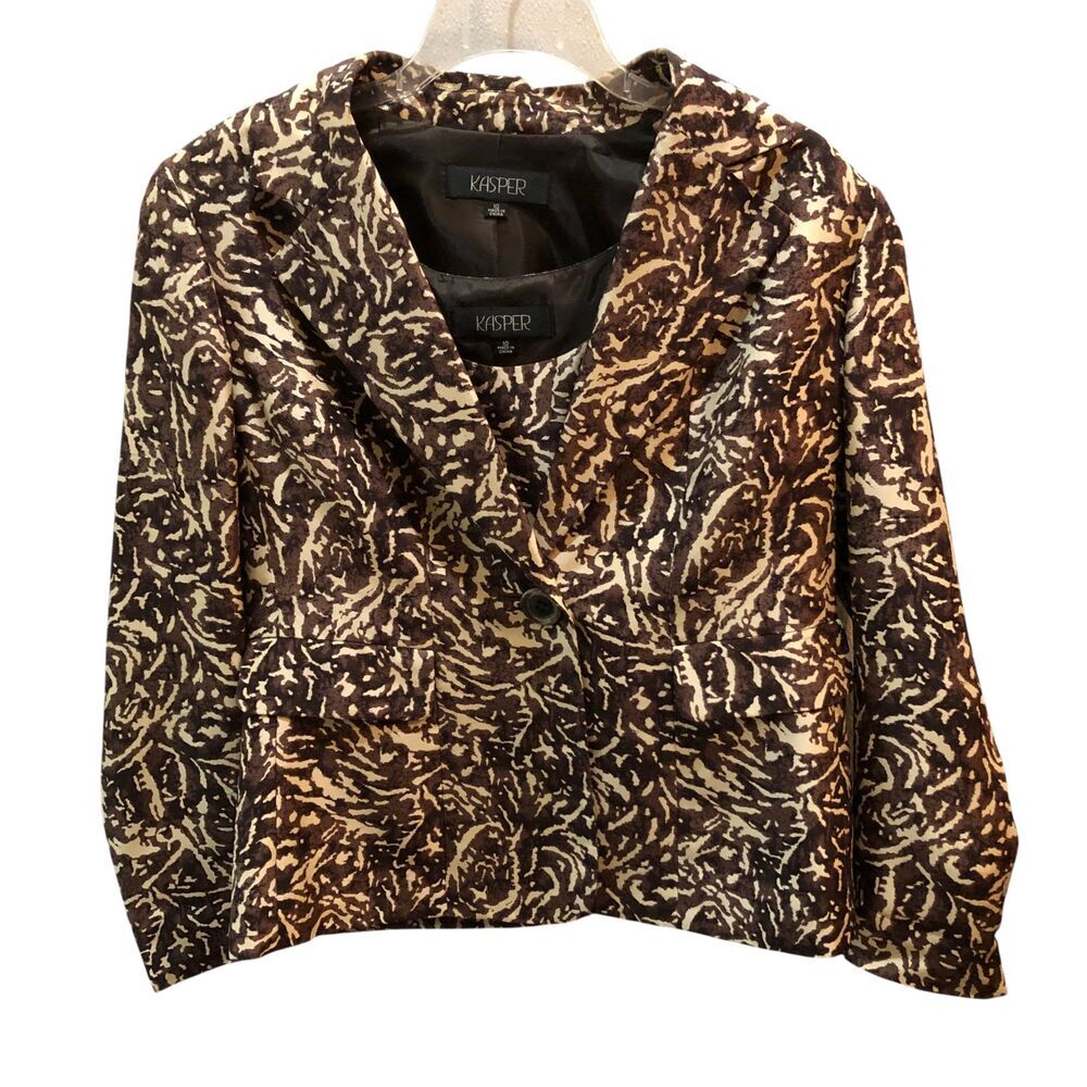 Kasper Womens Size 10 Brown Cream Abstract Print 2 Piece Silk Blazer Tank Set